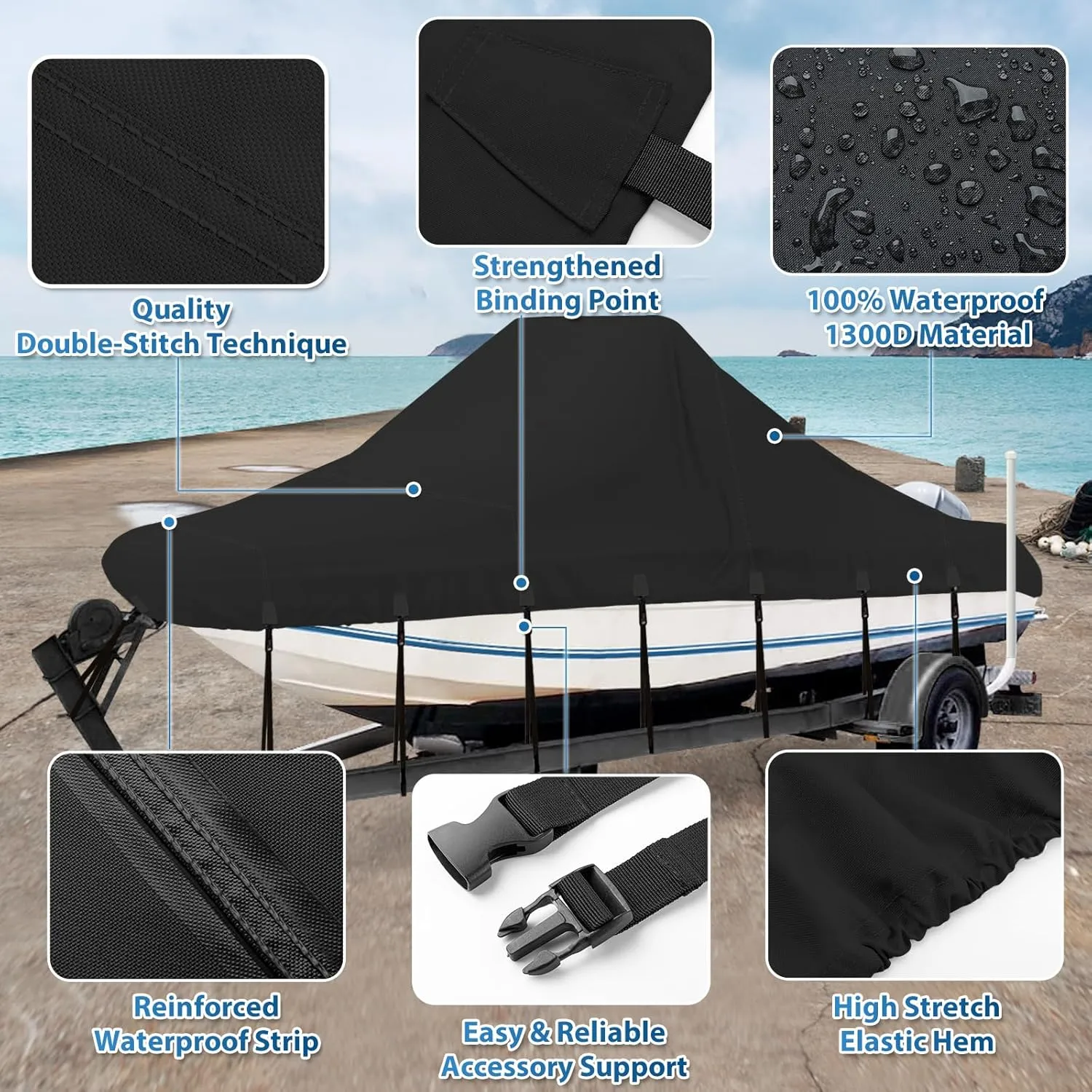Solim Center Console Boat Cover, 20'-22' Waterproof 1300D PU Heavy Duty Marine Grade Boat Cover for Center Console Boat, Trailerable UV Resistant Oxford Polyester Canvas with 18 Tie Down Straps, Black