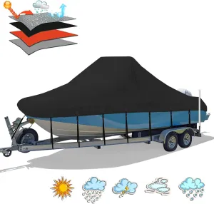 Solim Center Console Boat Cover, 20'-22' Waterproof 1300D PU Heavy Duty Marine Grade Boat Cover for Center Console Boat, Trailerable UV Resistant Oxford Polyester Canvas with 18 Tie Down Straps, Black