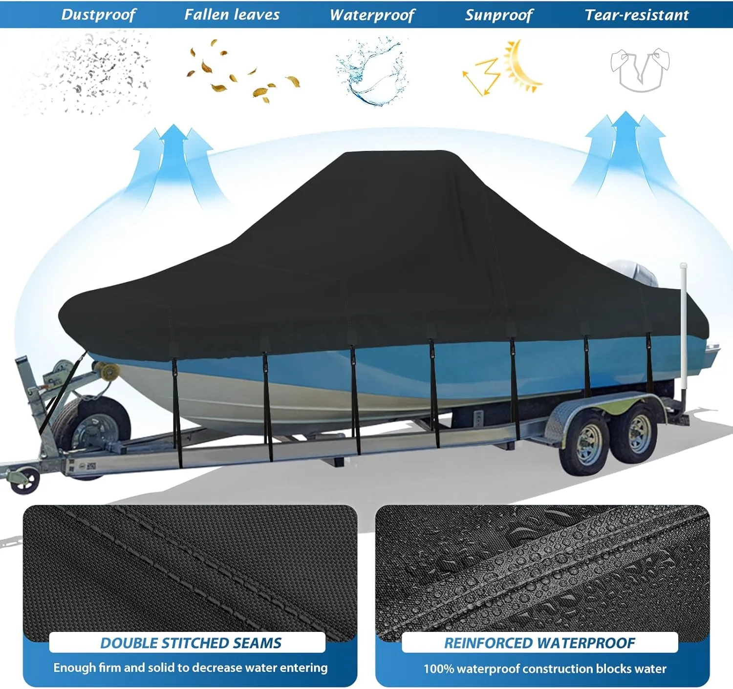 Solim Center Console Boat Cover, 20'-22' Waterproof 1300D PU Heavy Duty Marine Grade Boat Cover for Center Console Boat, Trailerable UV Resistant Oxford Polyester Canvas with 18 Tie Down Straps, Black