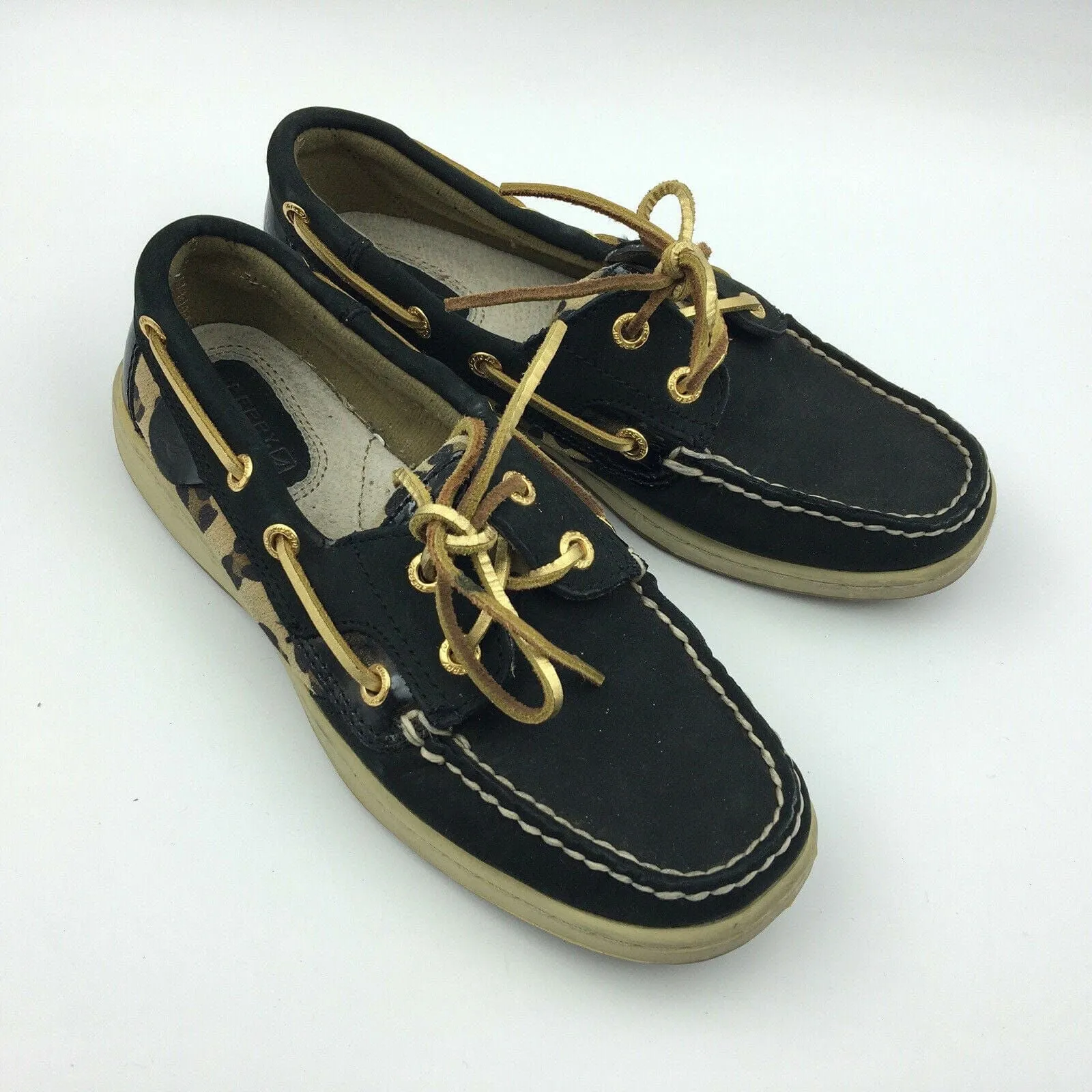 Sperry Top-Sider Shoes - Womens Boat Shoes | 5.5M | Black Leopard Print | Lace-Up | EUC