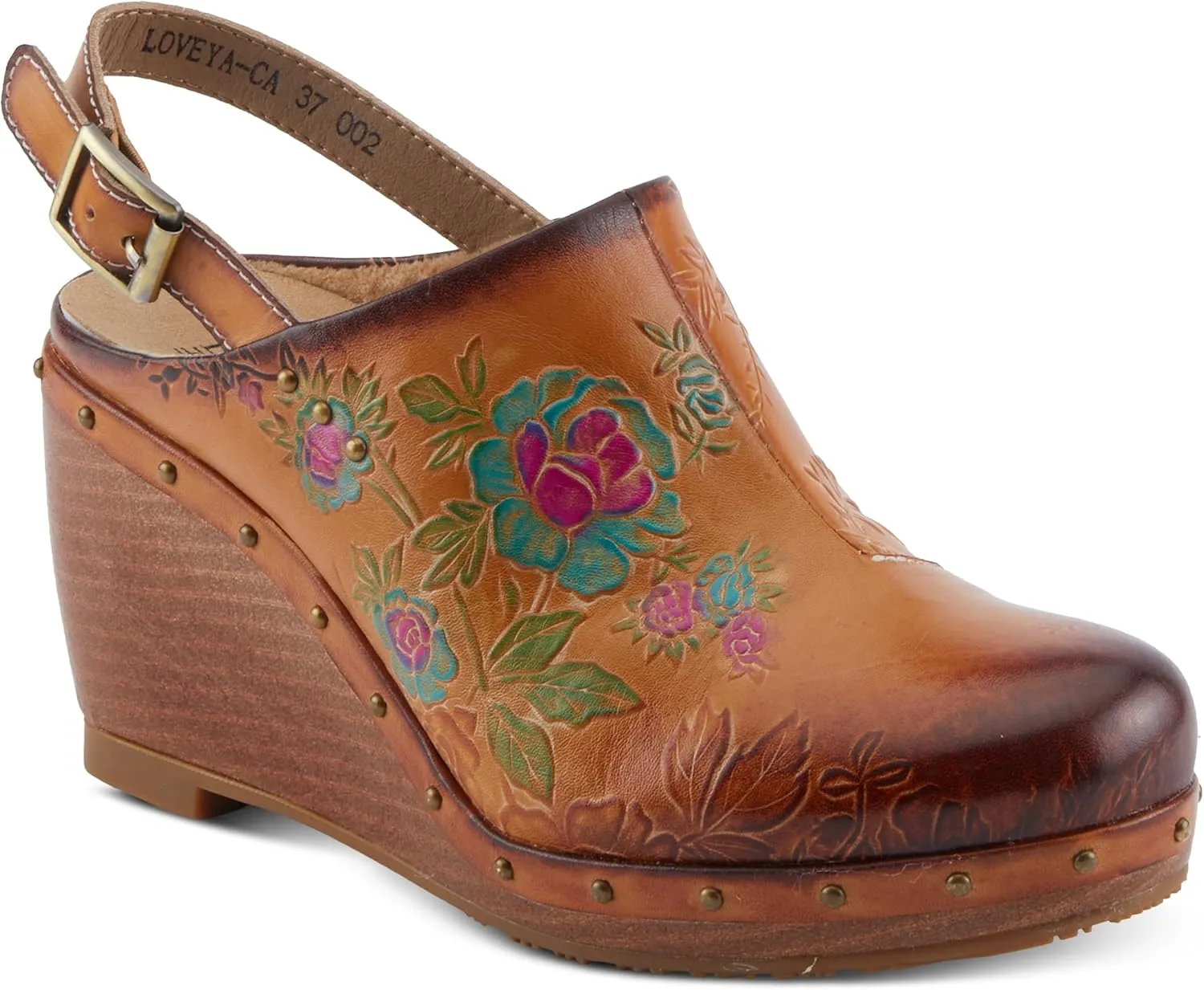 Spring Step L'Artiste Loveya Women's Slingback Wedge - Hand-Painted Flowers, Regal Studs, Comfortable Wedge Shoes