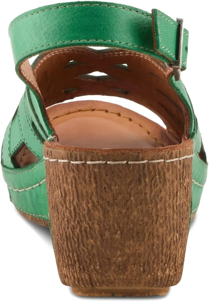 Spring Step Women's CATHY Buckle Wedges - Premium Leather, Laser-Cut Design, Adjustable Slingback