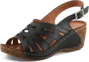 Spring Step Women's CATHY Buckle Wedges - Premium Leather, Laser-Cut Design, Adjustable Slingback