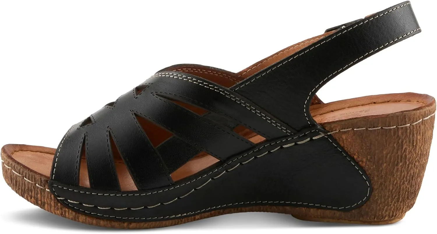 Spring Step Women's CATHY Buckle Wedges - Premium Leather, Laser-Cut Design, Adjustable Slingback