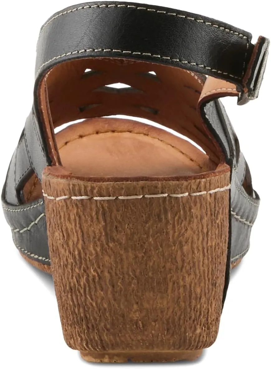 Spring Step Women's CATHY Buckle Wedges - Premium Leather, Laser-Cut Design, Adjustable Slingback