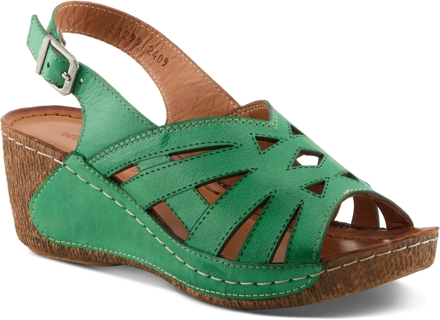 Spring Step Women's CATHY Buckle Wedges - Premium Leather, Laser-Cut Design, Adjustable Slingback