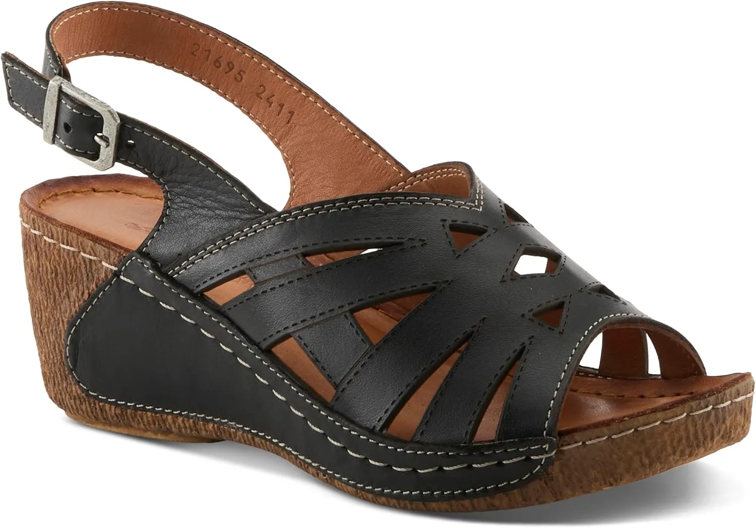 Spring Step Women's CATHY Buckle Wedges - Premium Leather, Laser-Cut Design, Adjustable Slingback