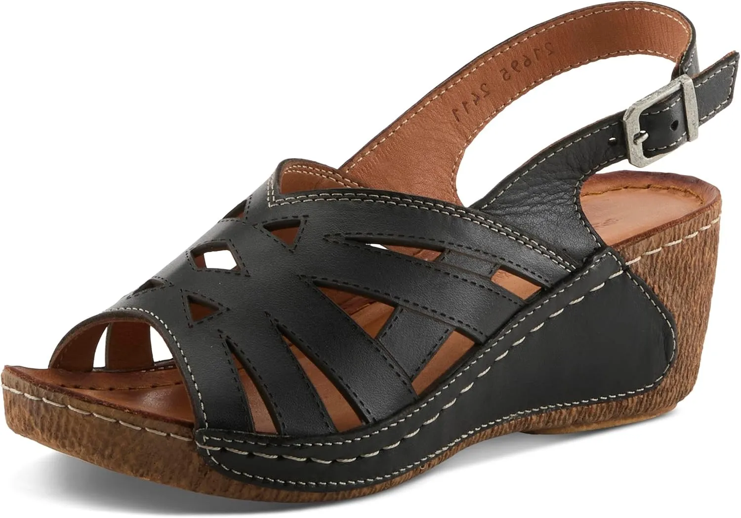 Spring Step Women's CATHY Buckle Wedges - Premium Leather, Laser-Cut Design, Adjustable Slingback