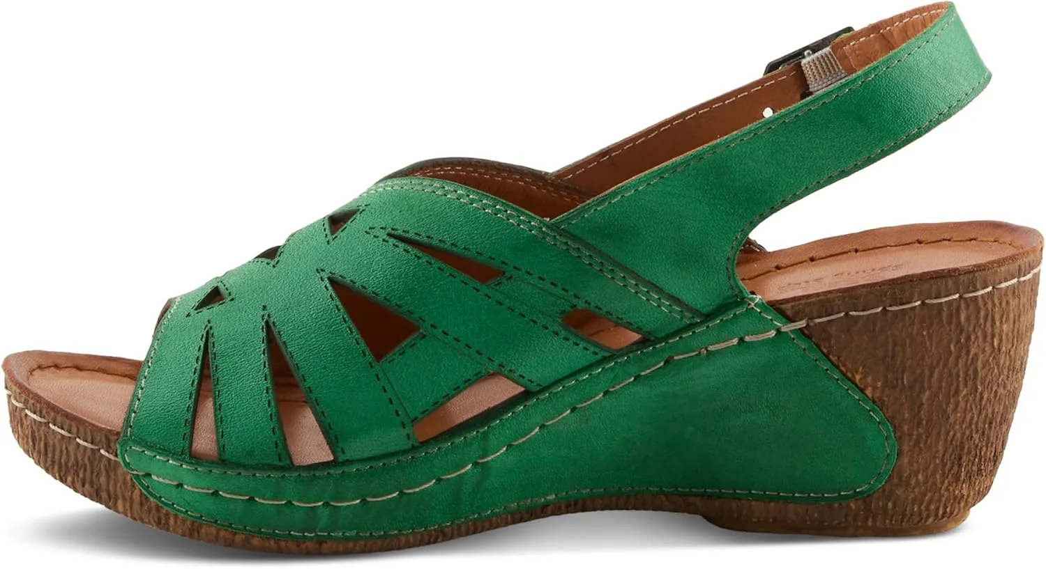 Spring Step Women's CATHY Buckle Wedges - Premium Leather, Laser-Cut Design, Adjustable Slingback