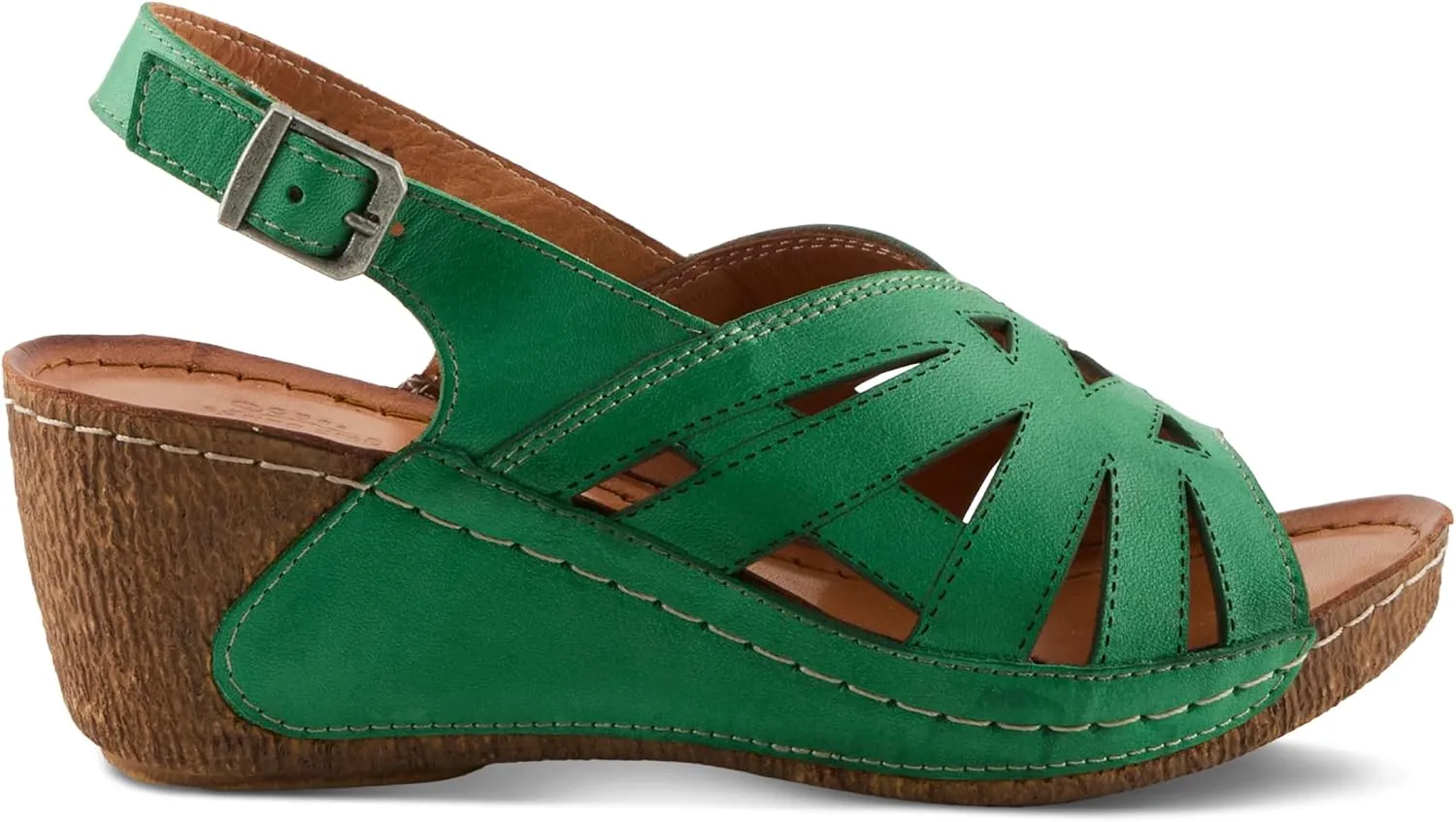 Spring Step Women's CATHY Buckle Wedges - Premium Leather, Laser-Cut Design, Adjustable Slingback
