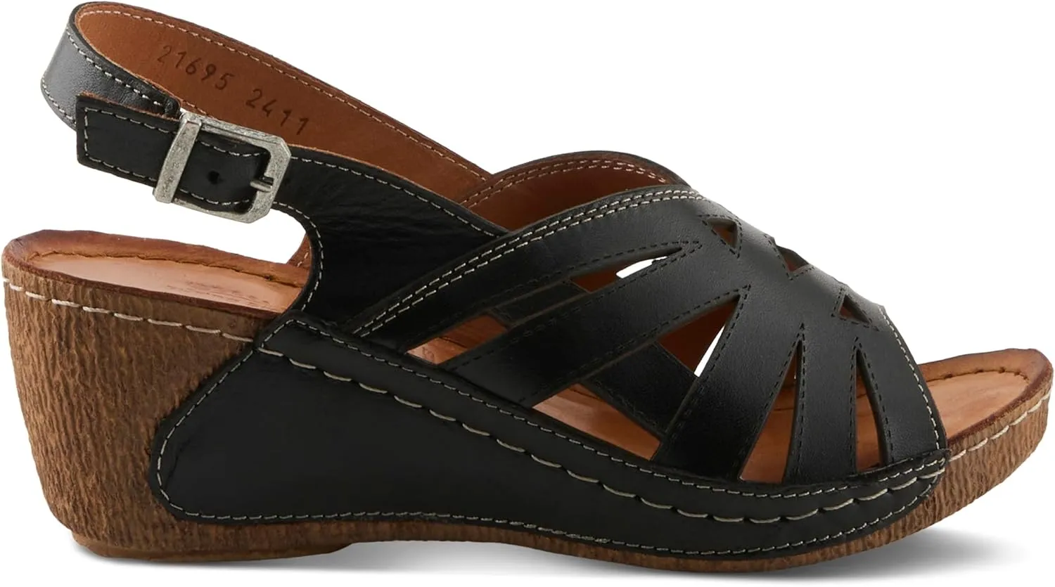 Spring Step Women's CATHY Buckle Wedges - Premium Leather, Laser-Cut Design, Adjustable Slingback