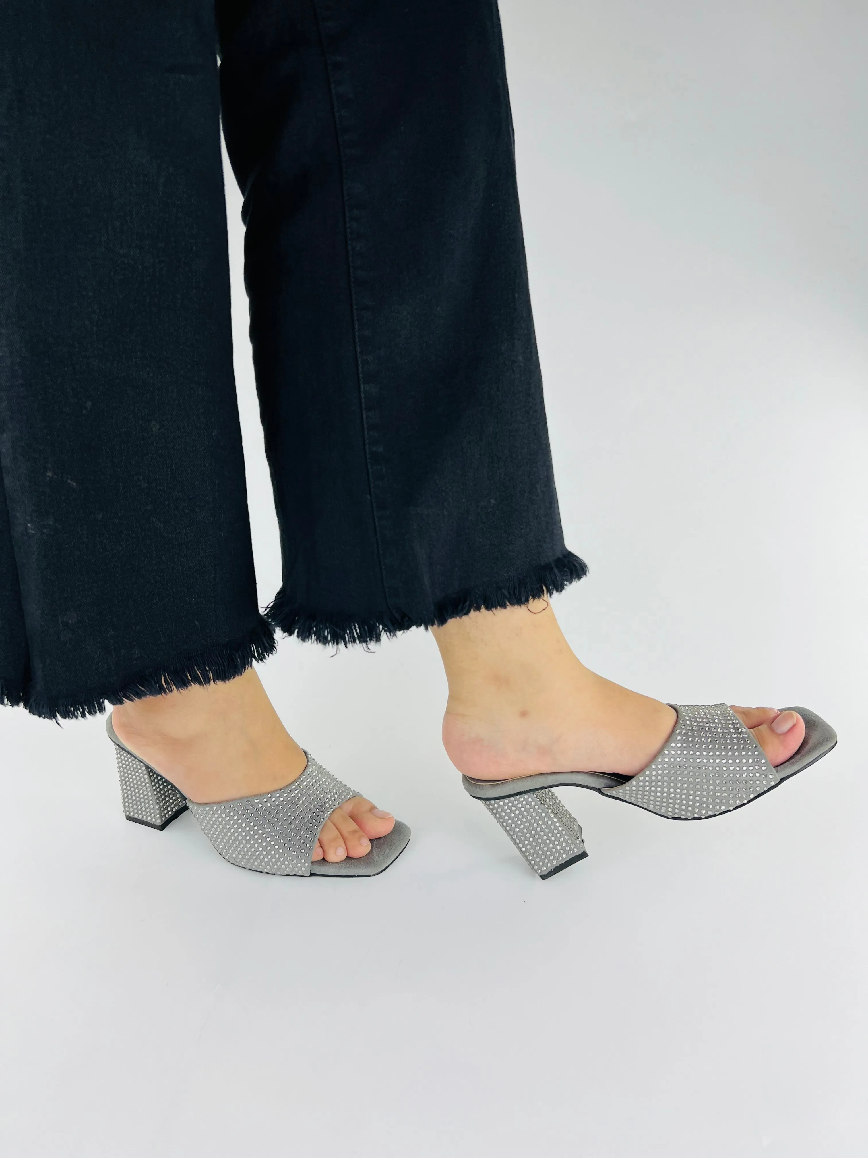 Spunkz Anja Grey Open Toe Crystal Studded High Heeled Mules-11002