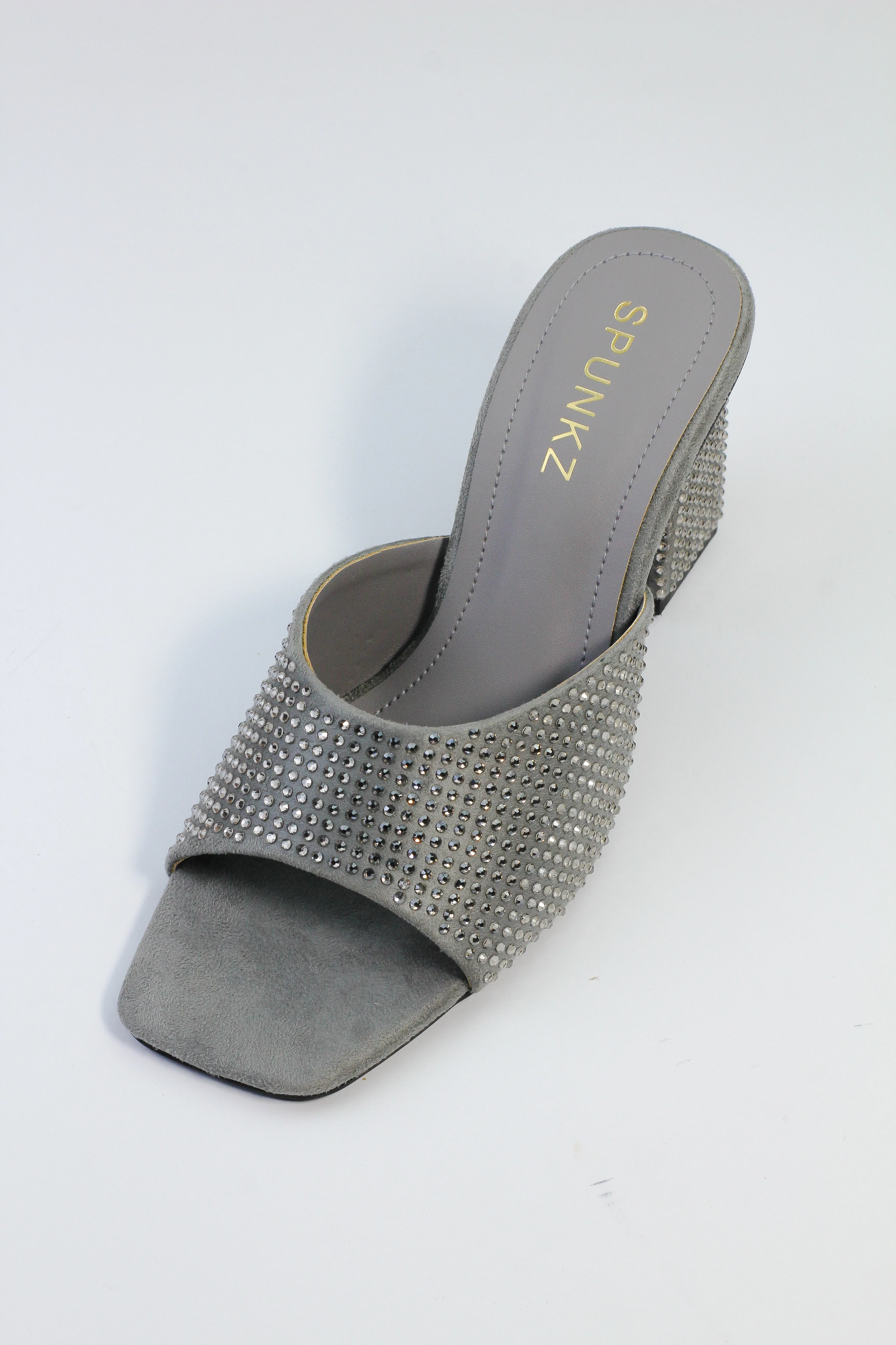 Spunkz Anja Grey Open Toe Crystal Studded High Heeled Mules-11002