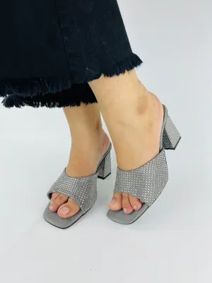 Spunkz Anja Grey Open Toe Crystal Studded High Heeled Mules-11002