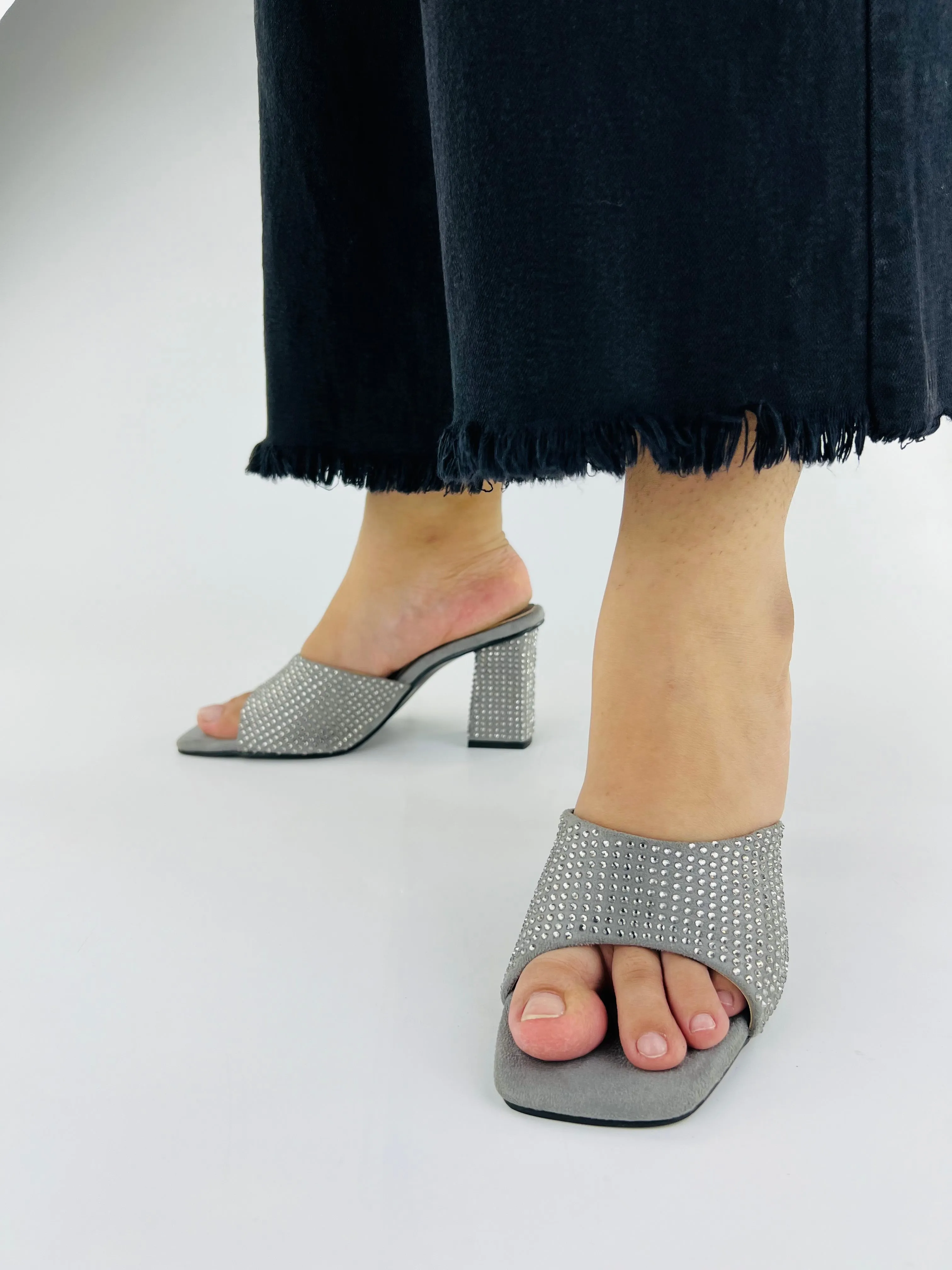 Spunkz Anja Grey Open Toe Crystal Studded High Heeled Mules-11002