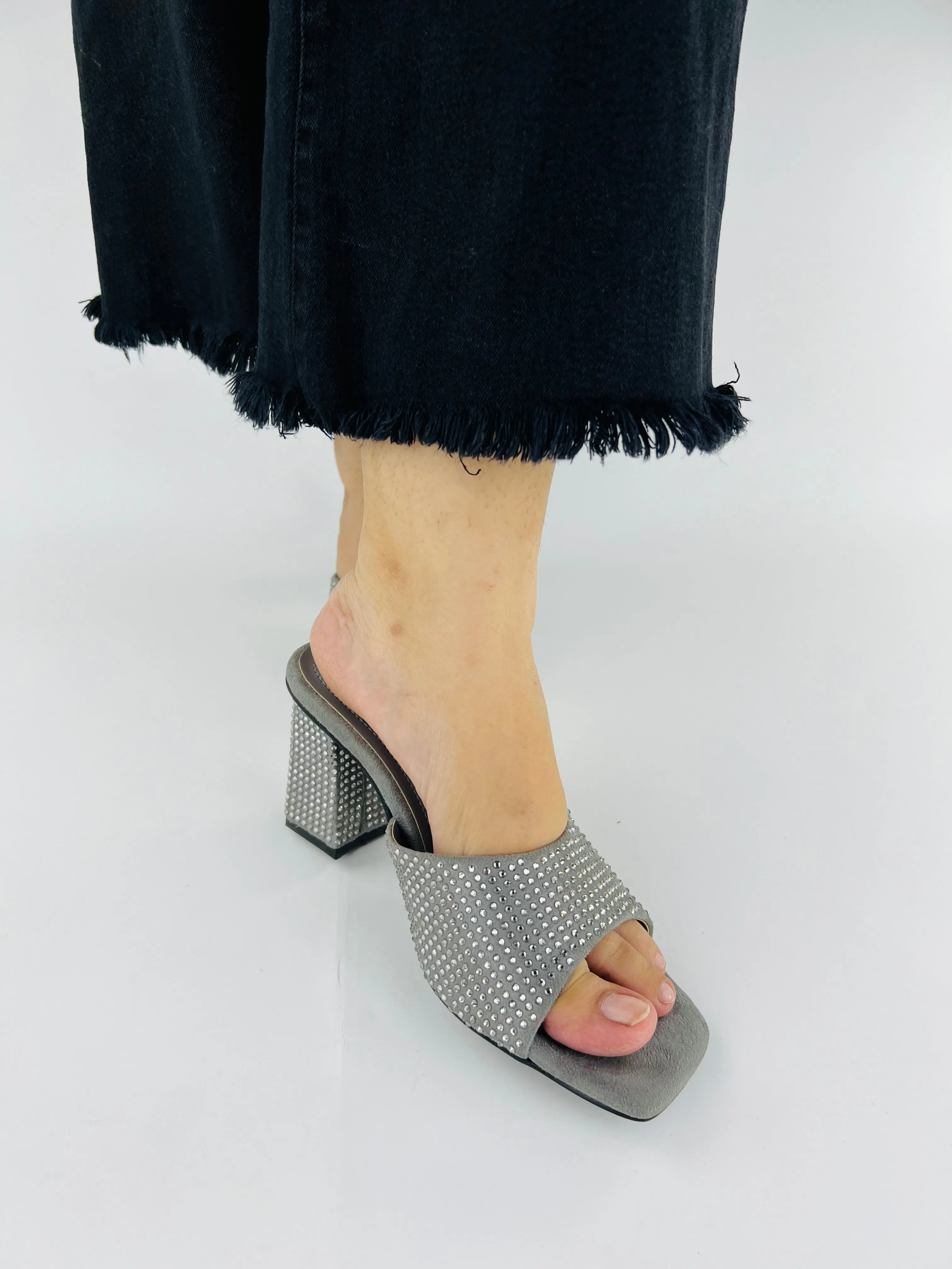 Spunkz Anja Grey Open Toe Crystal Studded High Heeled Mules-11002
