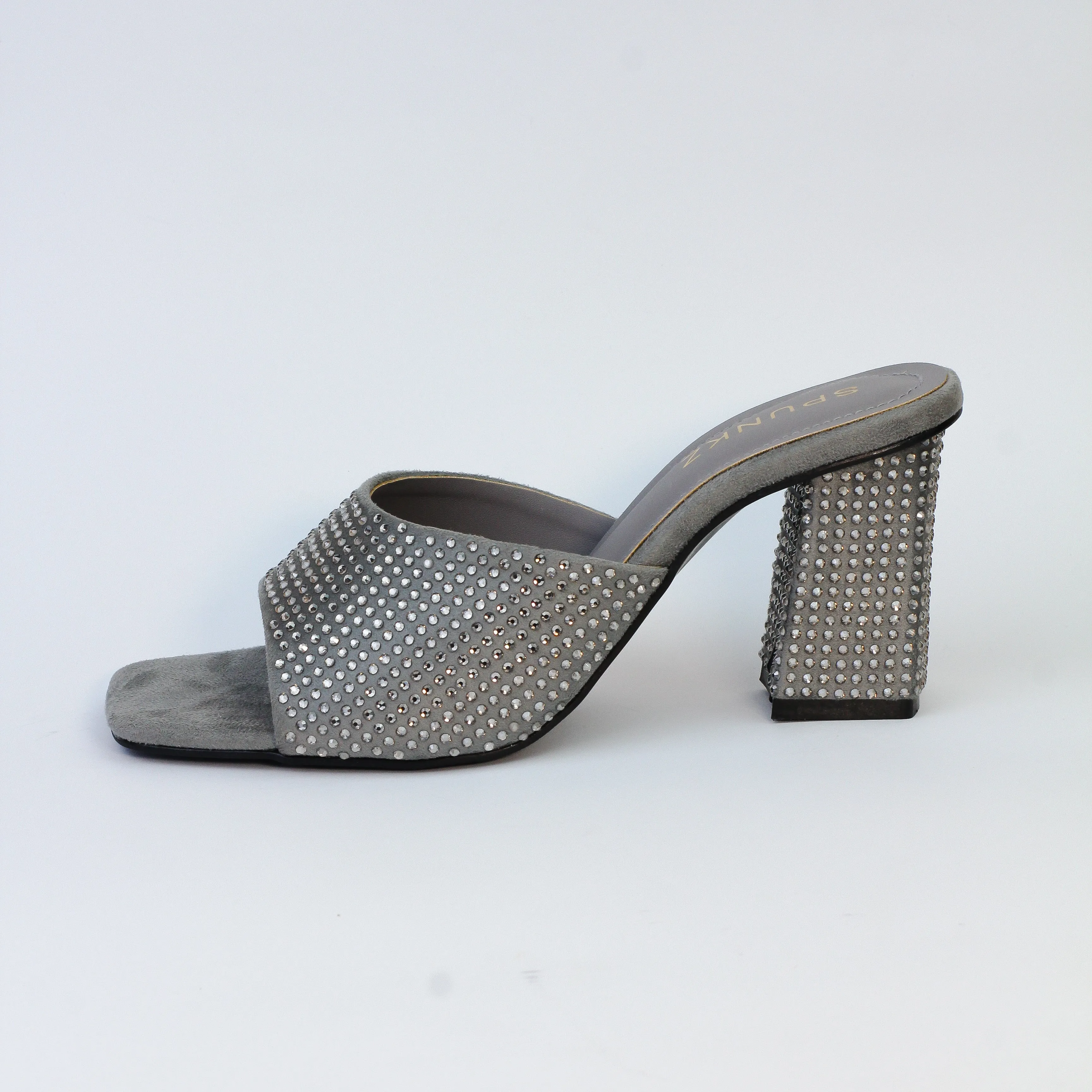 Spunkz Anja Grey Open Toe Crystal Studded High Heeled Mules-11002