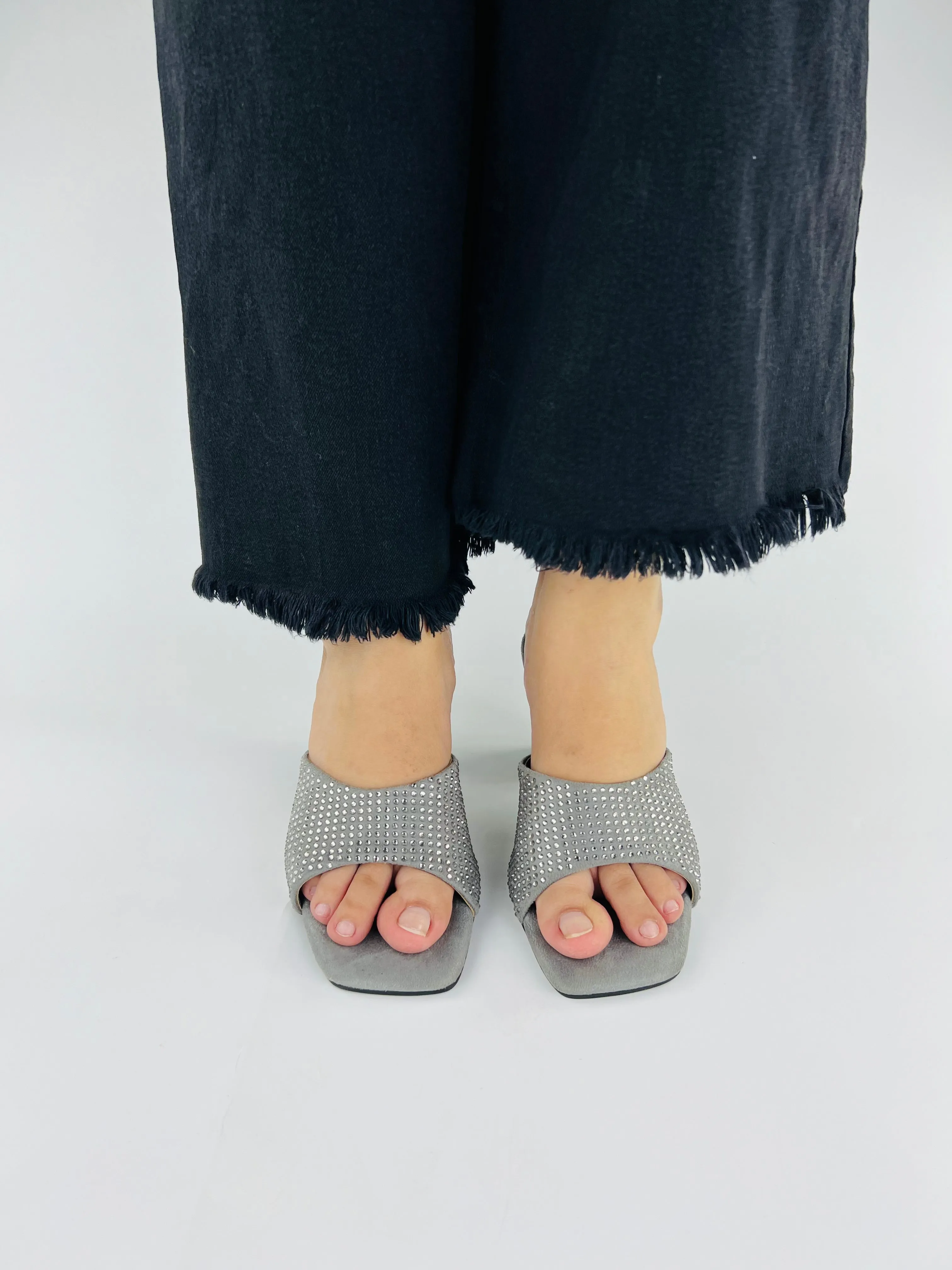 Spunkz Anja Grey Open Toe Crystal Studded High Heeled Mules-11002