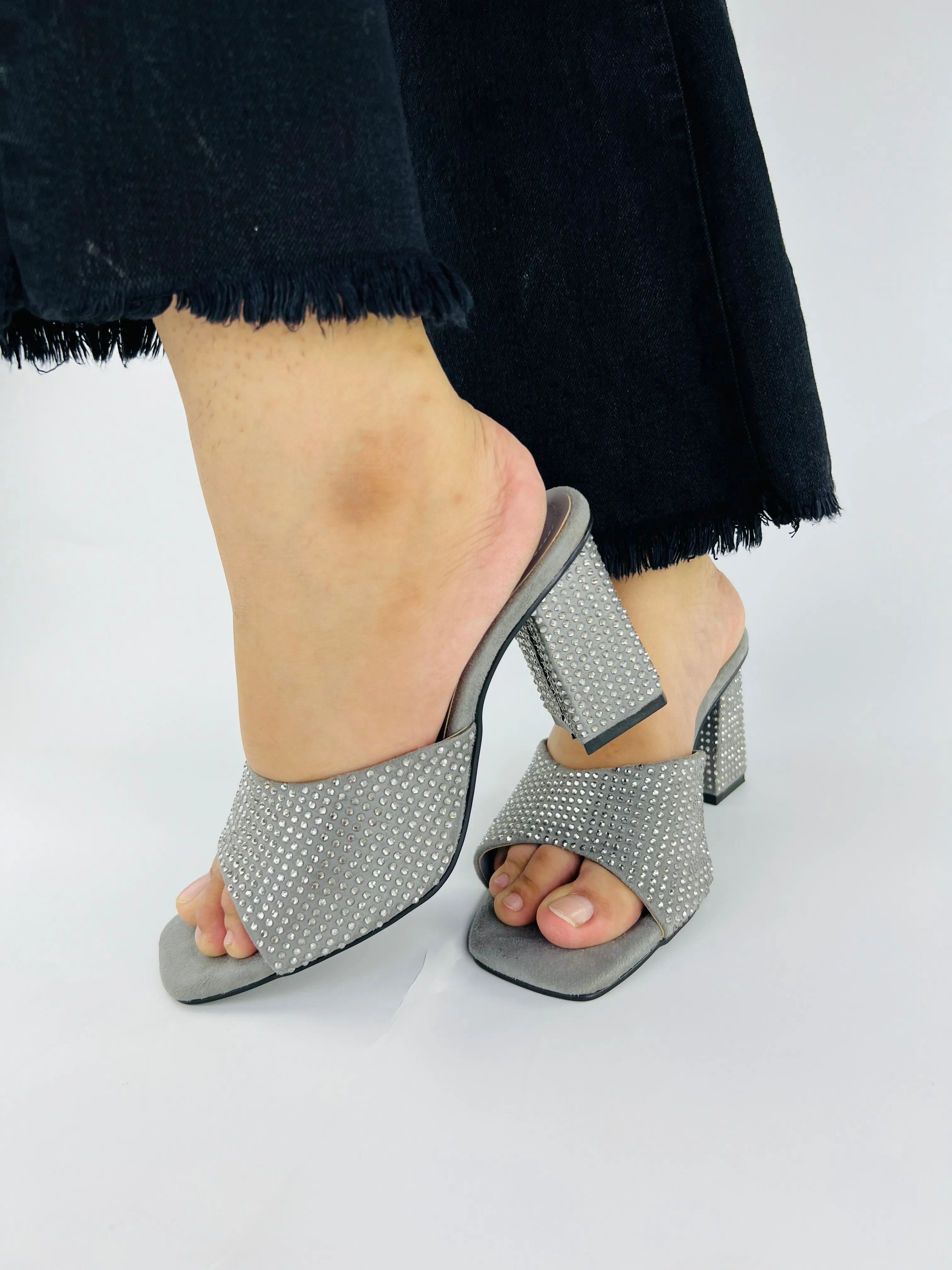 Spunkz Anja Grey Open Toe Crystal Studded High Heeled Mules-11002