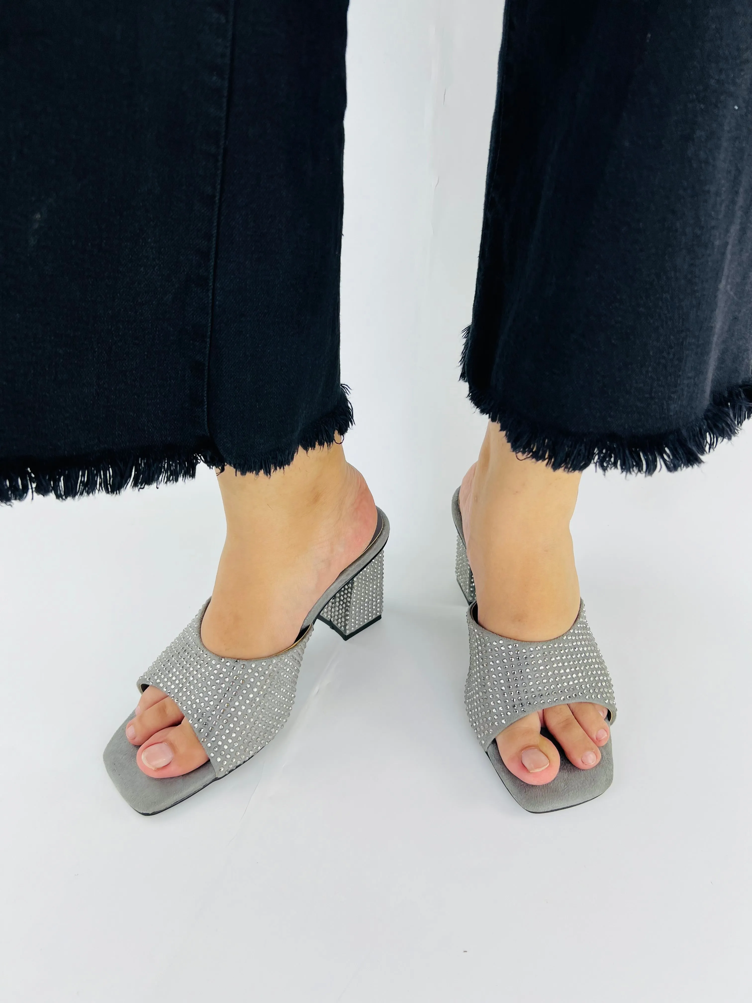 Spunkz Anja Grey Open Toe Crystal Studded High Heeled Mules-11002