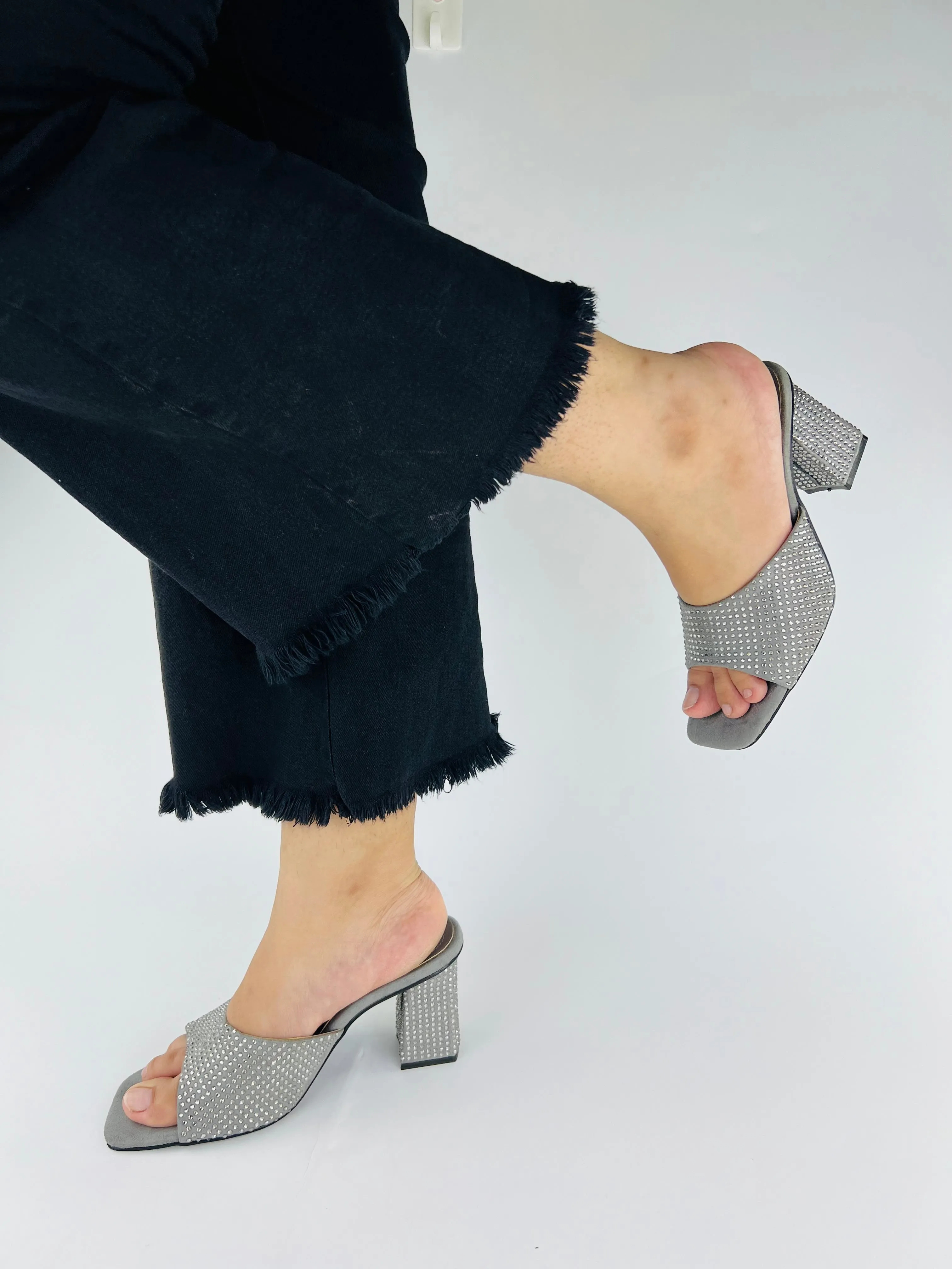 Spunkz Anja Grey Open Toe Crystal Studded High Heeled Mules-11002