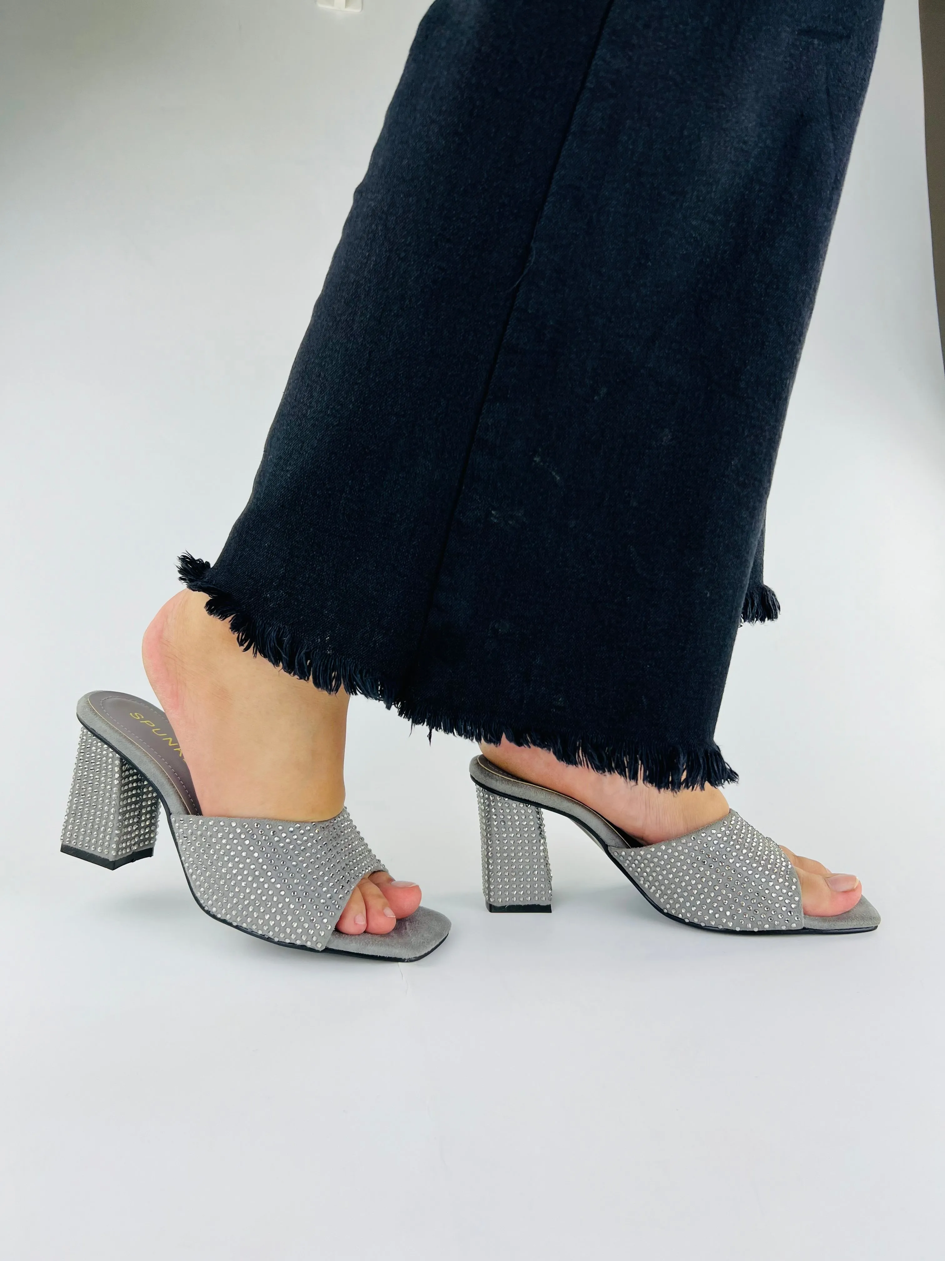 Spunkz Anja Grey Open Toe Crystal Studded High Heeled Mules-11002