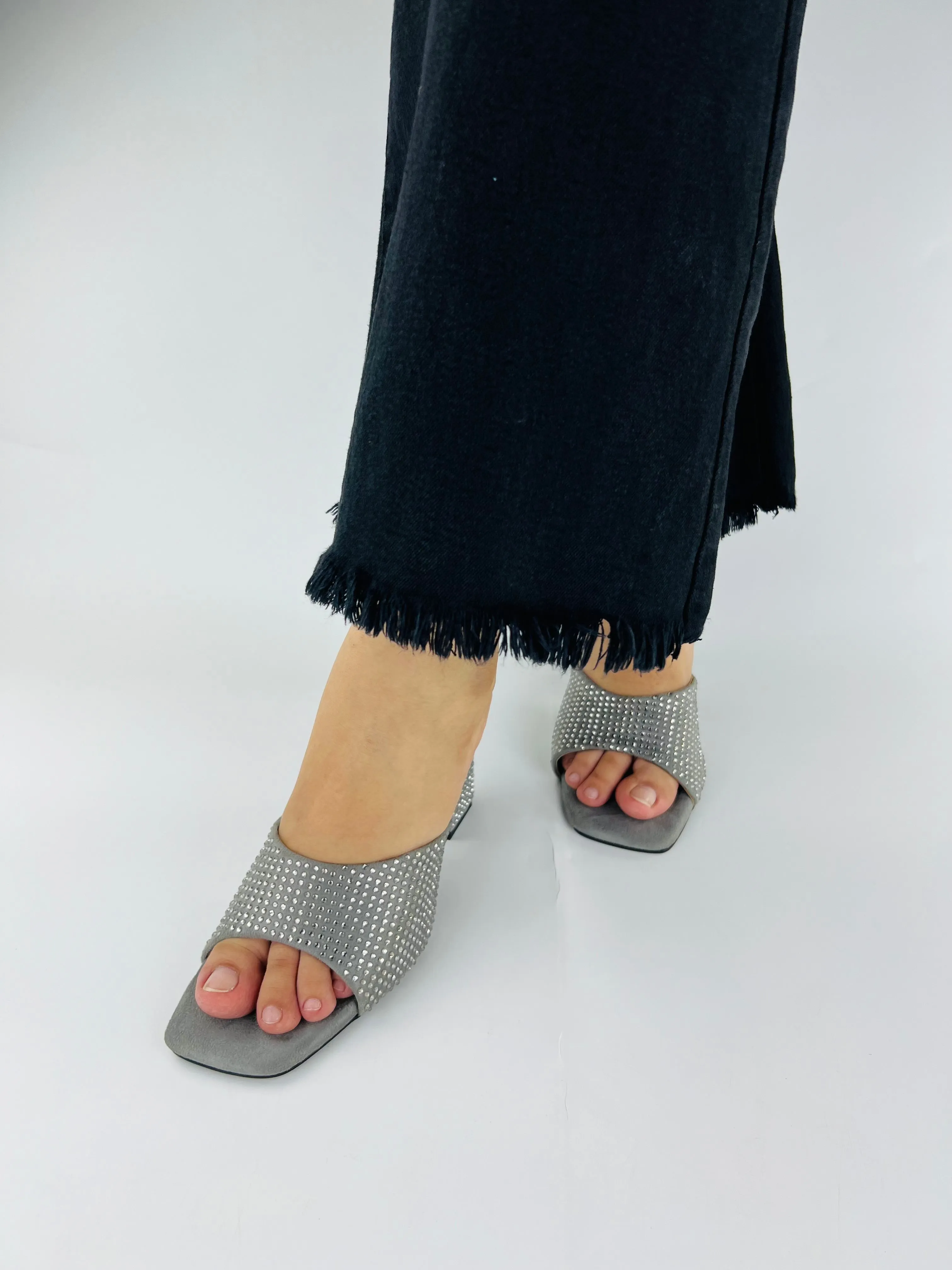 Spunkz Anja Grey Open Toe Crystal Studded High Heeled Mules-11002
