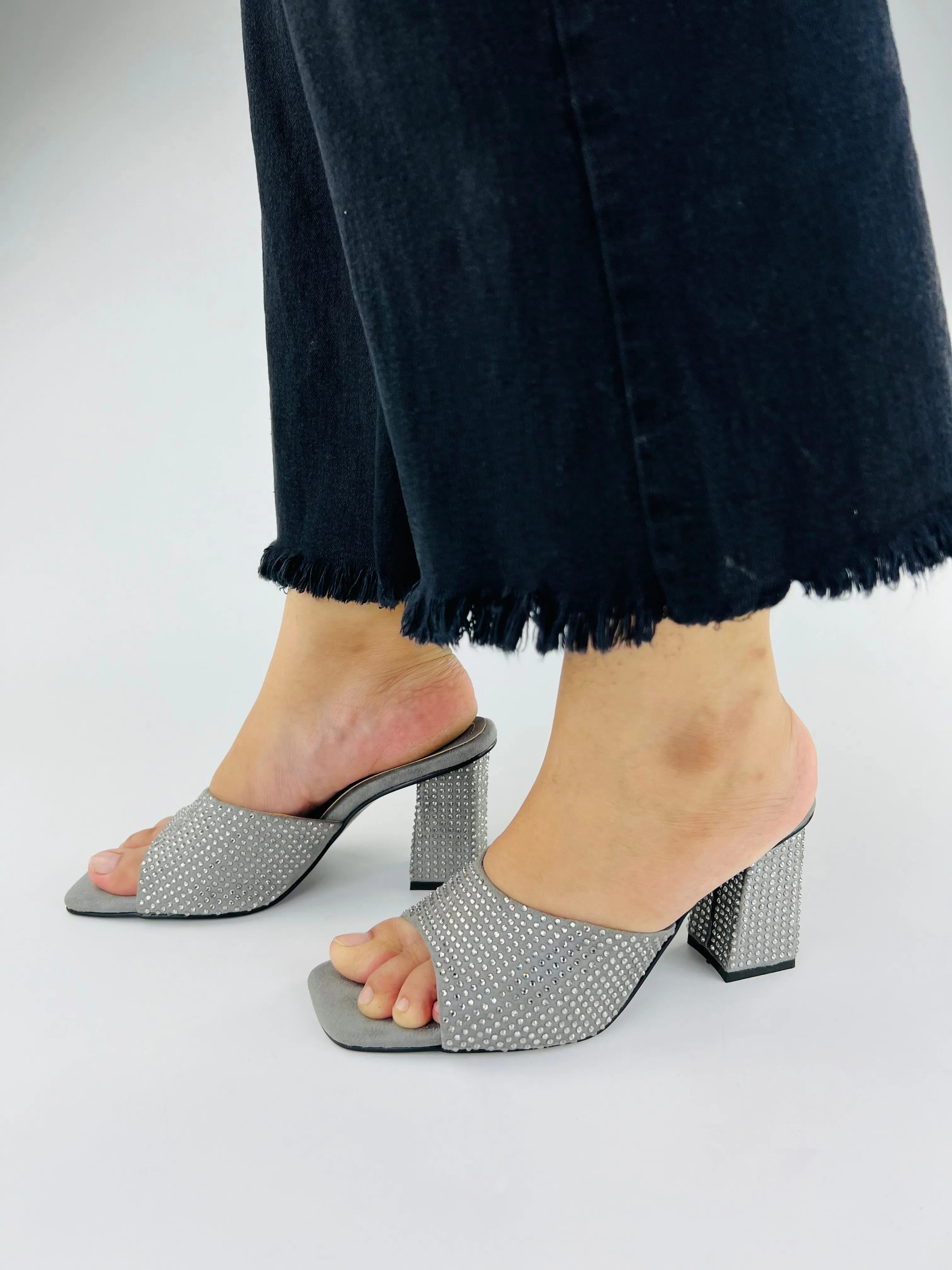 Spunkz Anja Grey Open Toe Crystal Studded High Heeled Mules-11002