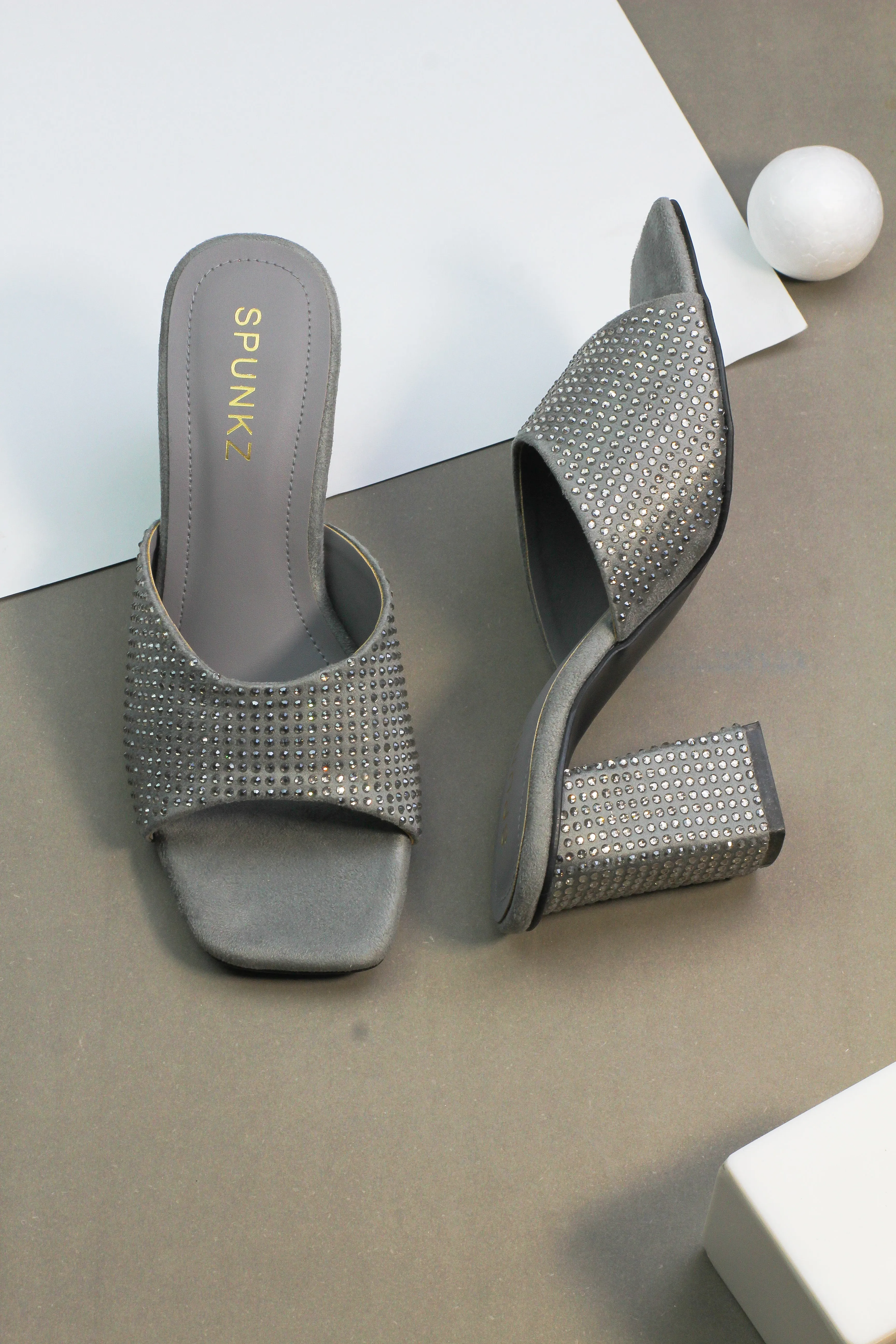 Spunkz Anja Grey Open Toe Crystal Studded High Heeled Mules-11002