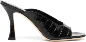 STAUD Women's Sylvia Black Embossed Croc Heeled Mules Slides Shoes