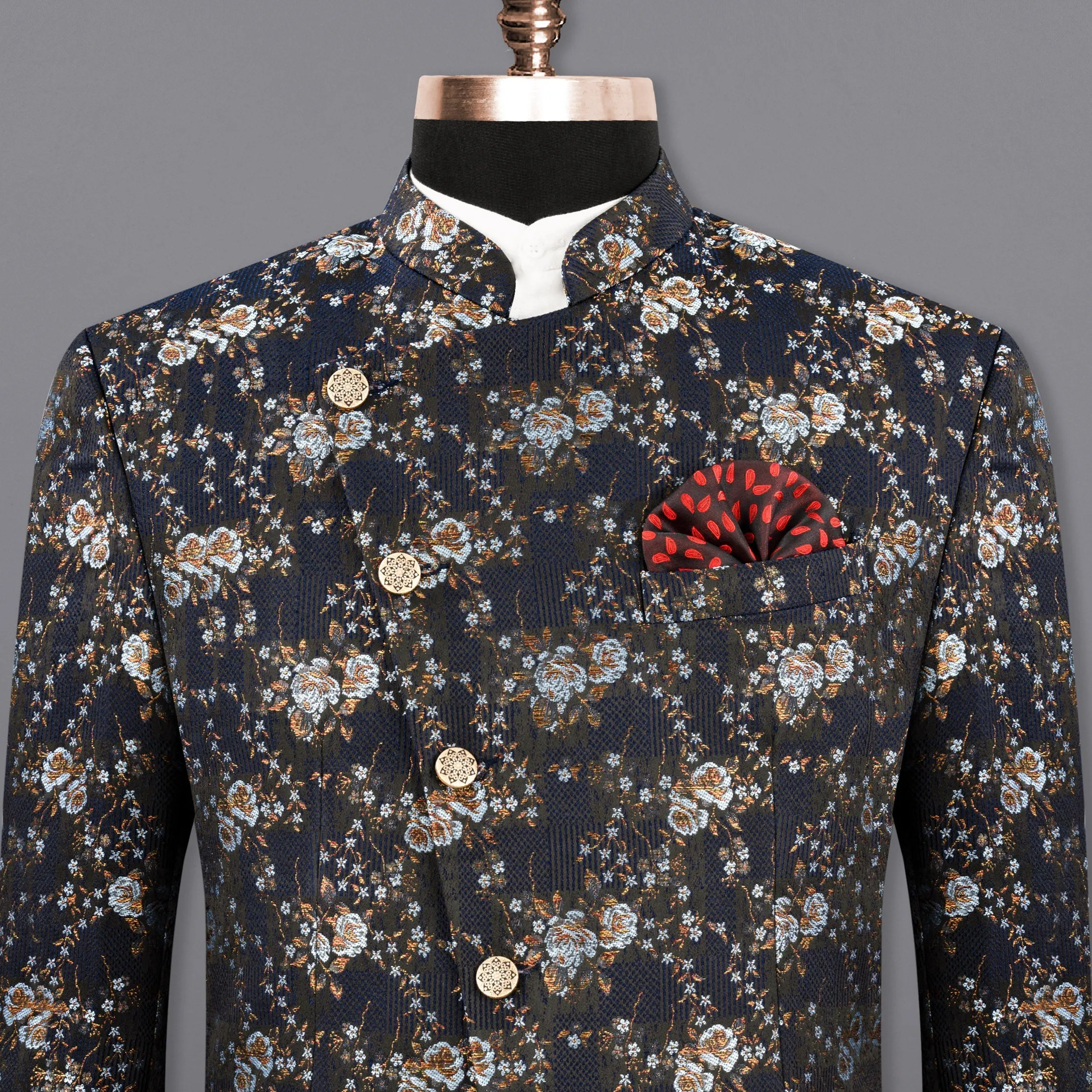 Storm Dust Floral Textured Cross Buttoned Bandhgala Designer Blazer