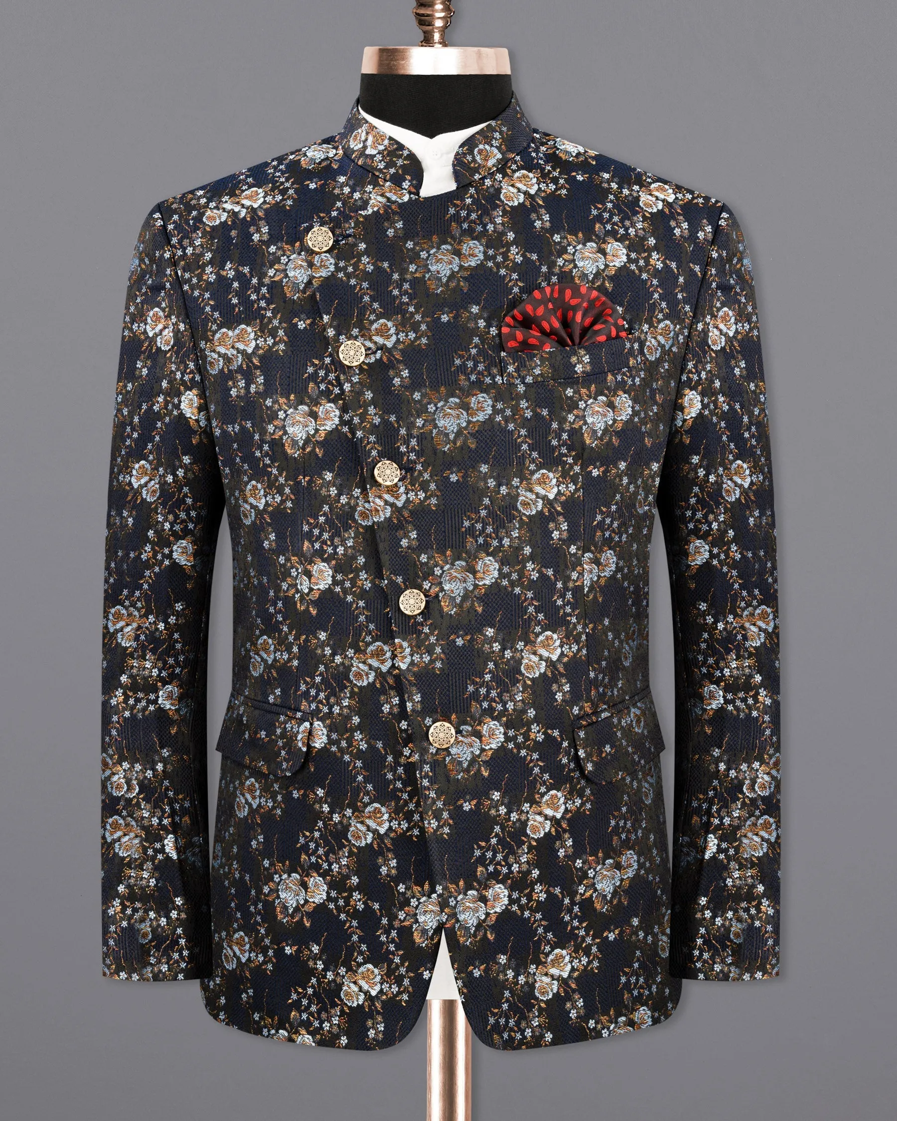 Storm Dust Floral Textured Cross Buttoned Bandhgala Designer Blazer