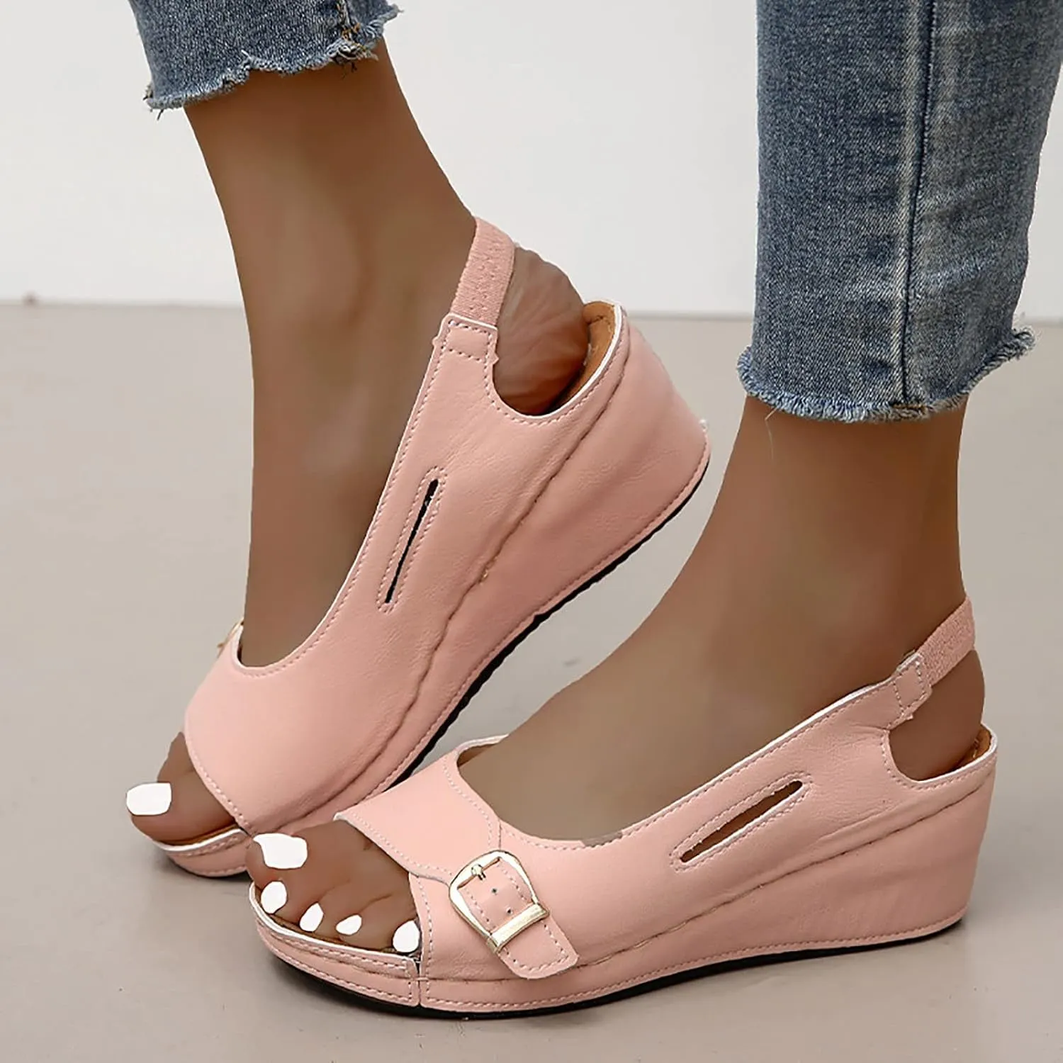 Strech Slingback Wedges for Women Peep Toe Sandals Adjustable Buckle Heeled Slippers Dressy