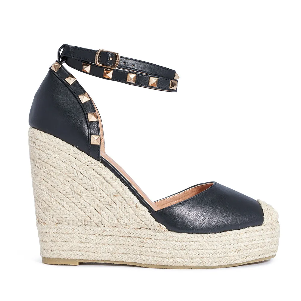 Studded ankle strap jute wedges