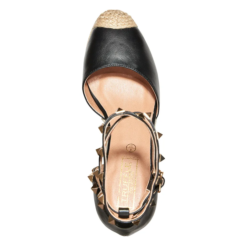 Studded ankle strap jute wedges