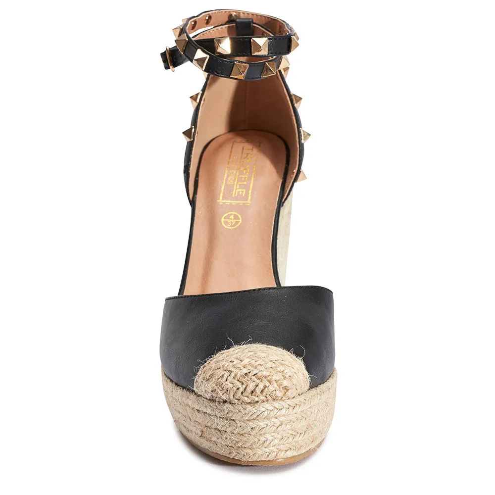 Studded ankle strap jute wedges