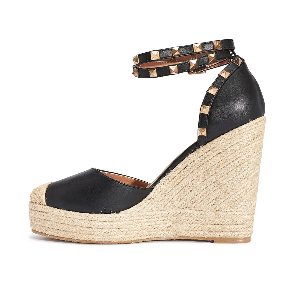 Studded ankle strap jute wedges