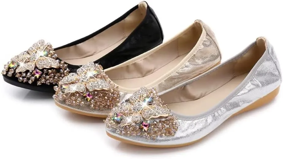 Stunner Womens Foldable Pointed Toe Ballet Flats Rhinestone Loafers Fashion Flats