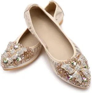 Stunner Womens Foldable Pointed Toe Ballet Flats Rhinestone Loafers Fashion Flats