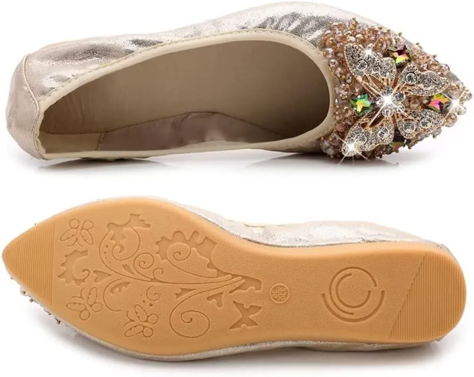 Stunner Womens Foldable Pointed Toe Ballet Flats Rhinestone Loafers Fashion Flats