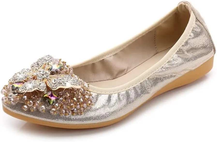 Stunner Womens Foldable Pointed Toe Ballet Flats Rhinestone Loafers Fashion Flats