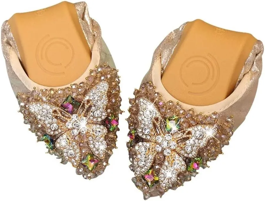 Stunner Womens Foldable Pointed Toe Ballet Flats Rhinestone Loafers Fashion Flats