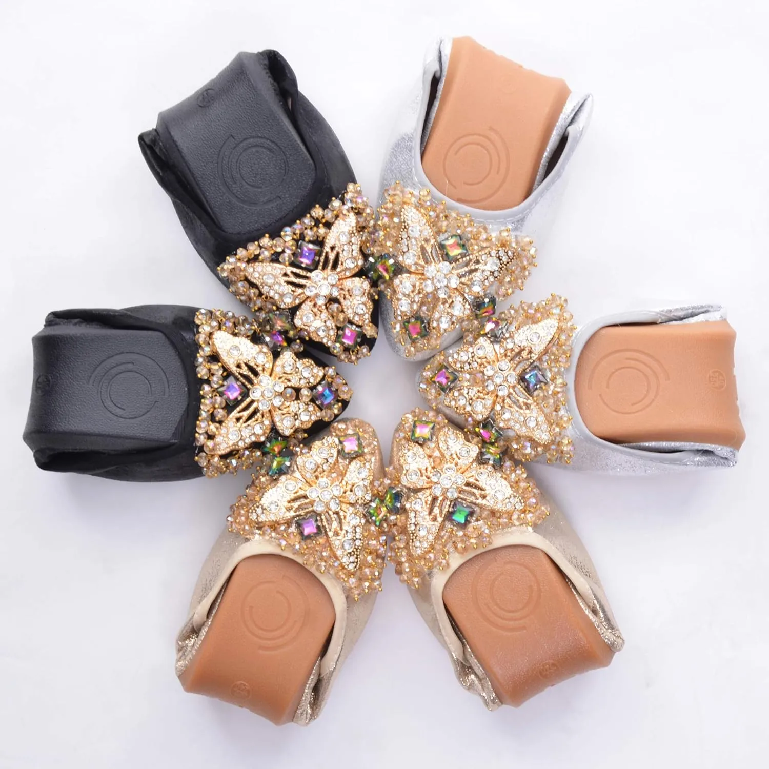 Stunner Womens Foldable Pointed Toe Ballet Flats Rhinestone Loafers Fashion Flats