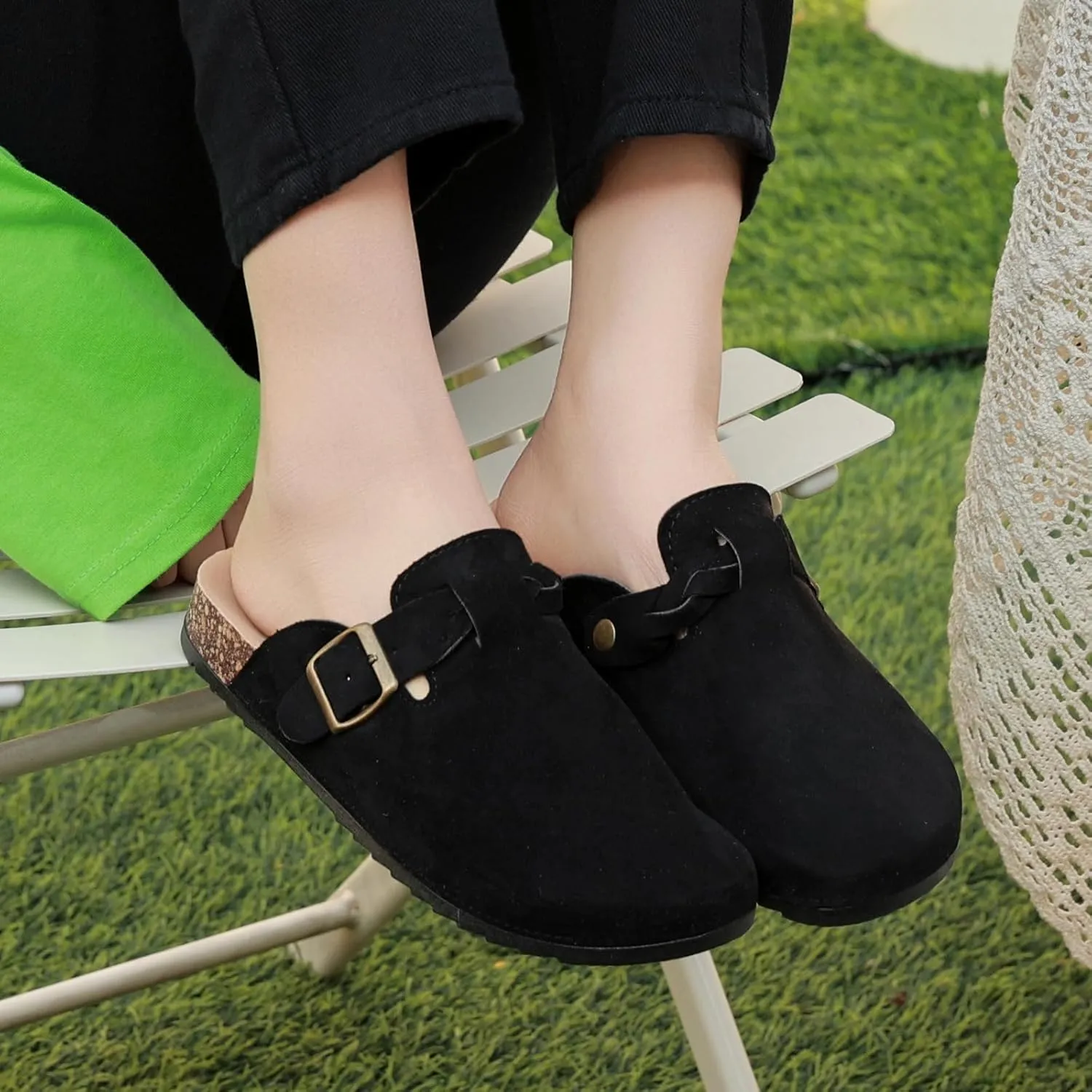 Suede Clogs for Men Soft Cork Footbed Women's Clog Mules with Arch Support, Adjustable Buckle Comfort Leather Potato Shoes, Slip-On Closed Toe Slippers
