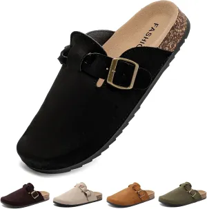 Suede Clogs for Men Soft Cork Footbed Women's Clog Mules with Arch Support, Adjustable Buckle Comfort Leather Potato Shoes, Slip-On Closed Toe Slippers