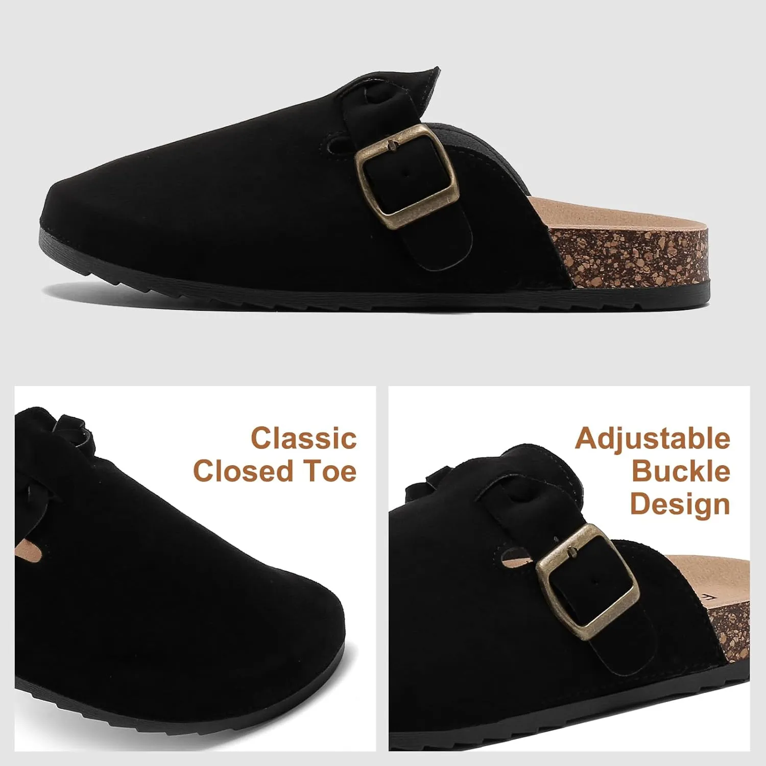 Suede Clogs for Men Soft Cork Footbed Women's Clog Mules with Arch Support, Adjustable Buckle Comfort Leather Potato Shoes, Slip-On Closed Toe Slippers