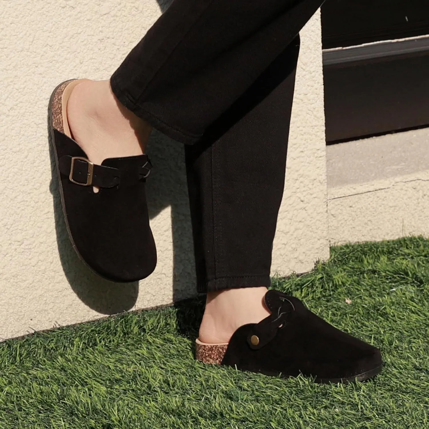Suede Clogs for Men Soft Cork Footbed Women's Clog Mules with Arch Support, Adjustable Buckle Comfort Leather Potato Shoes, Slip-On Closed Toe Slippers