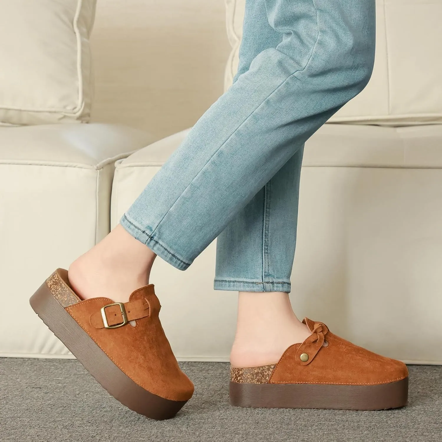 Suede Platform Clogs Women, Closed Toe Slippers Slides Sandals, Potato Shoes with Adjustable Buckle, Non Slip On Mules