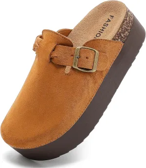 Suede Platform Clogs Women, Closed Toe Slippers Slides Sandals, Potato Shoes with Adjustable Buckle, Non Slip On Mules