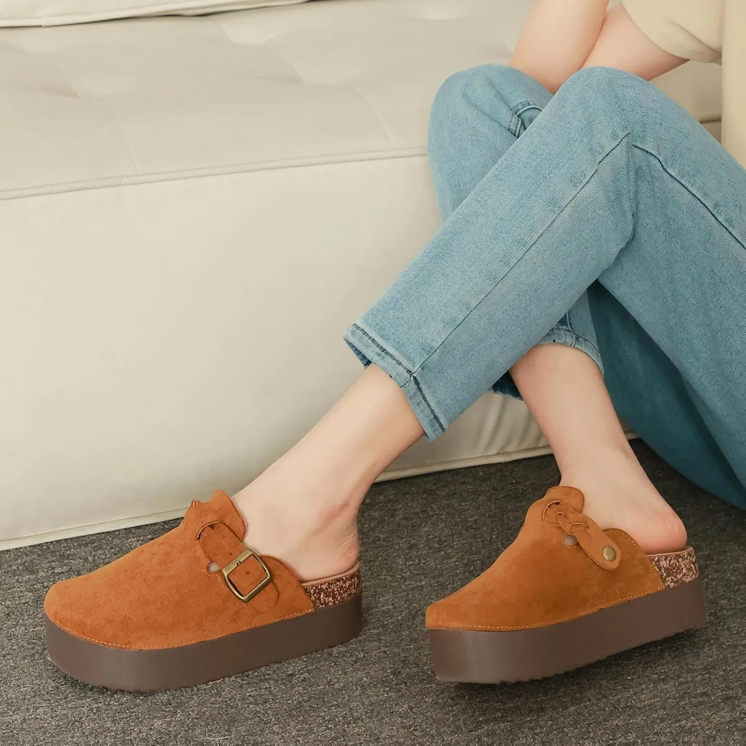 Suede Platform Clogs Women, Closed Toe Slippers Slides Sandals, Potato Shoes with Adjustable Buckle, Non Slip On Mules
